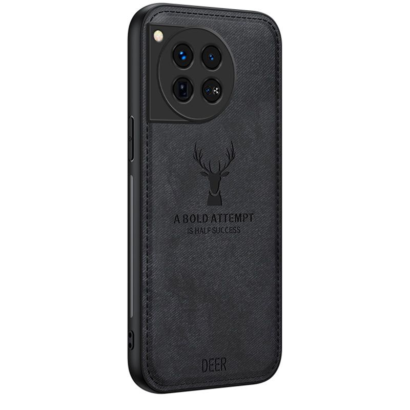 For OnePlus 12 5G Deer Pattern Case Cloth Texture TPU+PC+PU Leather Phone Cover - Black For OnePlus 12 5G Deer Pattern Case Cloth Texture TPU+PC+PU Leather Phone Cover - Black